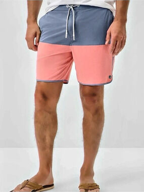 Johnnie-O Men’s Half Elastic 7" Swim Trunks - Tully-Blue/Pink Size L